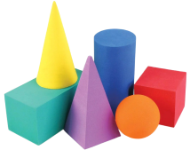 Bunte Mathe-Körper für den Unterricht: Ball, Zylinder, Pyramide, Kegel, Quader und Würfel in leuchtenden Farben